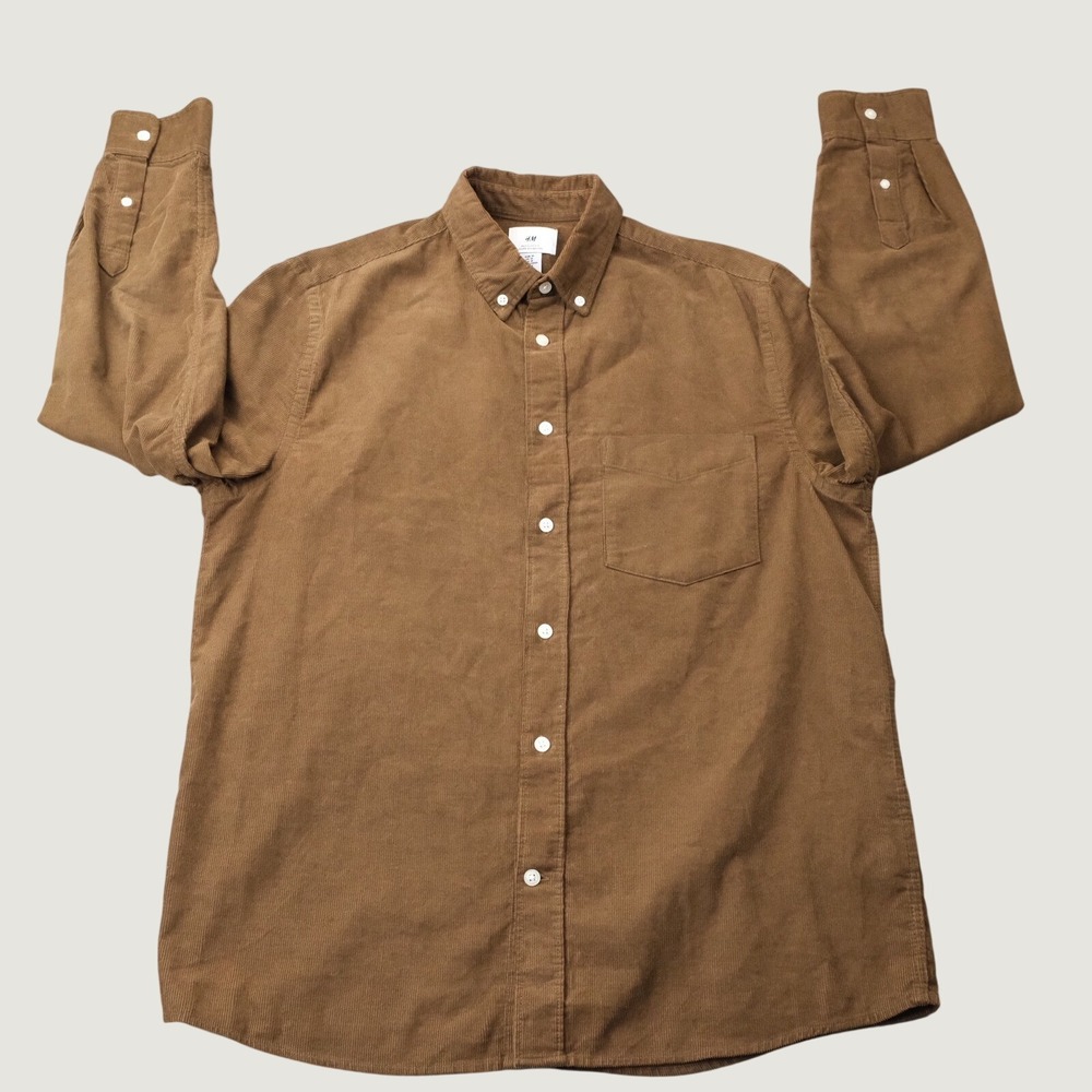 H&M Shirt Corduroy Regular Fit Medium Brown 100% Cotton Long Sleeve Casual